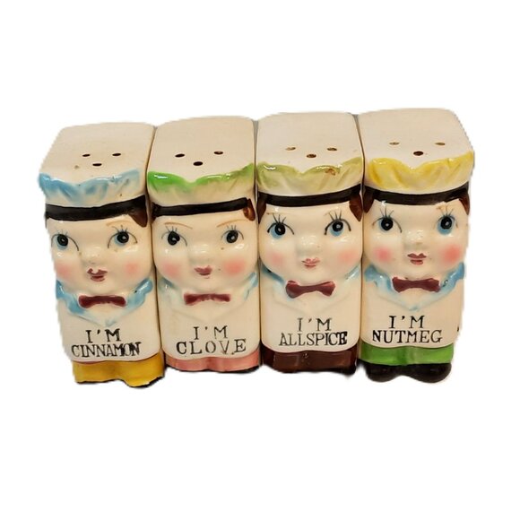 Vintage 1950s “I’m Spice” Chef Shakers Set — Cinnamon, Clove, Allspice, Nutmeg - Picture 1 of 6